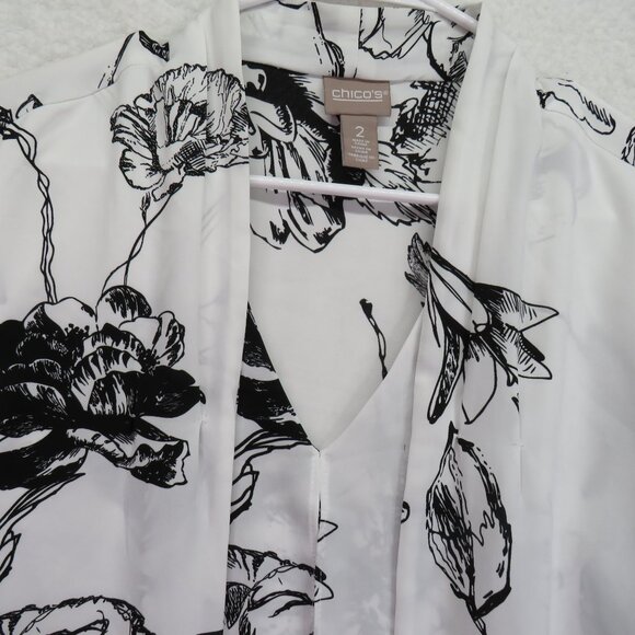 Chicos Shirt Womens Size Large Floral Print White Black Blouse Faux Cardigan - Picture 11 of 12